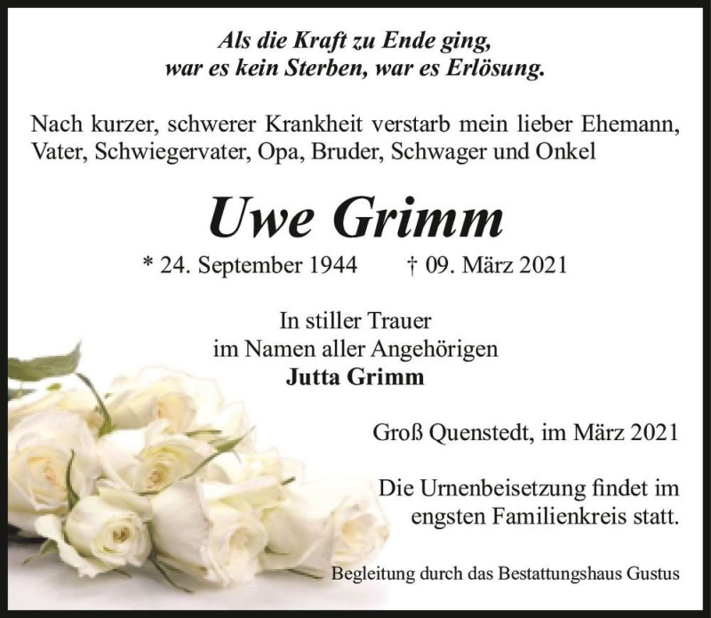  Traueranzeige für Uwe Grimm  vom 13.03.2021 aus Magdeburger Volksstimme