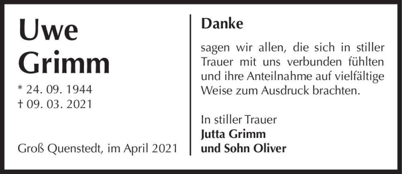  Traueranzeige für Uwe Grimm  vom 10.04.2021 aus Magdeburger Volksstimme