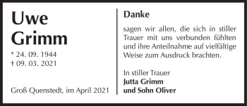 Traueranzeige von Uwe Grimm  von Magdeburger Volksstimme