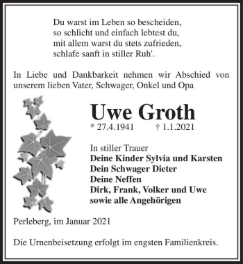Traueranzeige von Uwe Groth  von Magdeburger Volksstimme