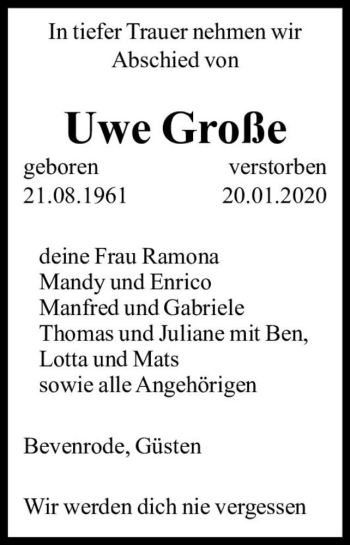 Traueranzeige von Uwe Große  von Magdeburger Volksstimme