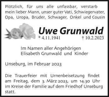 Traueranzeige von Uwe Grunwald  von Magdeburger Volksstimme