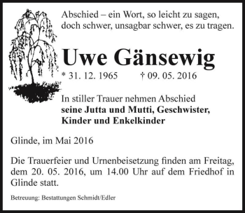 Traueranzeige von Uwe Gänsewig  von Magdeburger Volksstimme