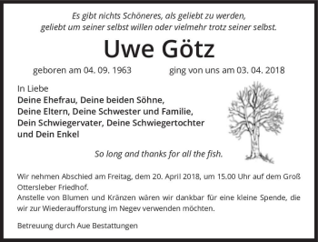 Traueranzeige von Uwe Götz  von Magdeburger Volksstimme