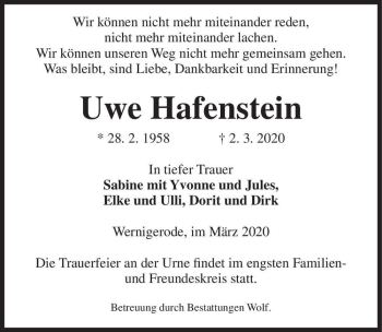 Traueranzeige von Uwe Hafenstein  von Magdeburger Volksstimme