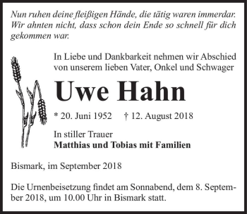 Traueranzeige von Uwe Hahn  von Magdeburger Volksstimme