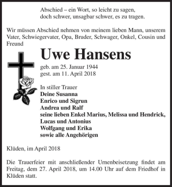 Traueranzeige von Uwe Hansens  von Magdeburger Volksstimme