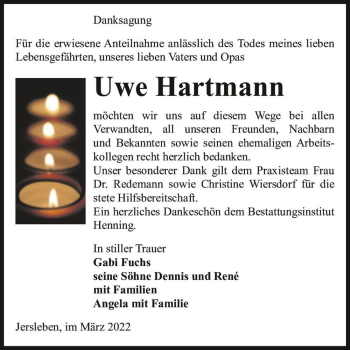 Traueranzeige von Uwe Hartmann  von Magdeburger Volksstimme