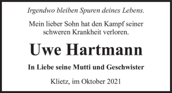Traueranzeige von Uwe Hartmann  von Magdeburger Volksstimme