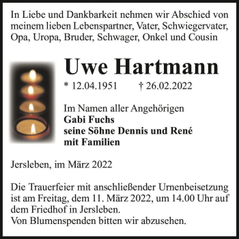 Traueranzeige von Uwe Hartmann  von Magdeburger Volksstimme