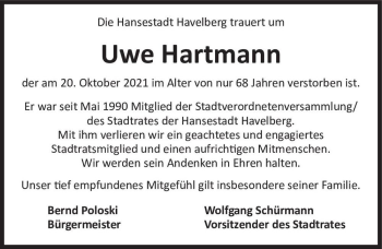 Traueranzeige von Uwe Hartmann  von Magdeburger Volksstimme