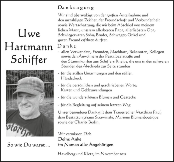Traueranzeige von Uwe Hartmann Schiffer  von Magdeburger Volksstimme