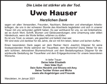 Traueranzeige von Uwe Hauser  von Magdeburger Volksstimme