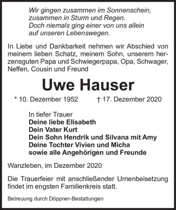 Traueranzeige von Uwe Hauser  von Magdeburger Volksstimme