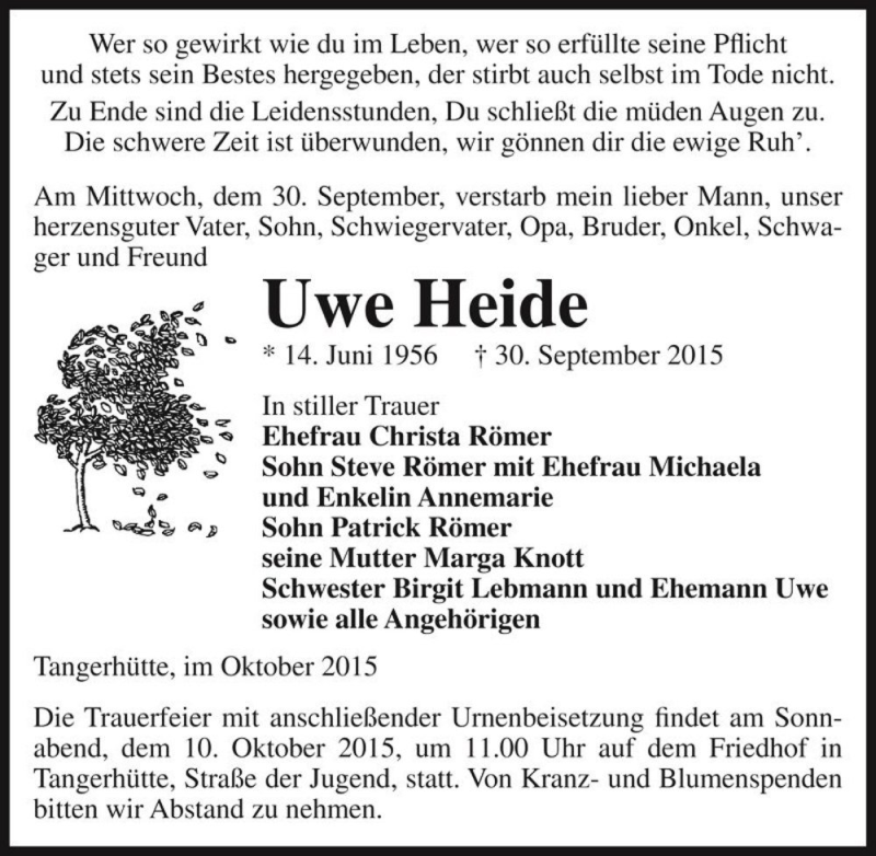  Traueranzeige für Uwe Heide  vom 02.10.2015 aus Magdeburger Volksstimme