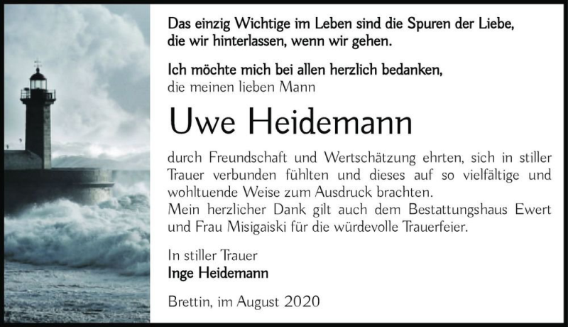  Traueranzeige für Uwe Heidemann  vom 08.08.2020 aus Magdeburger Volksstimme