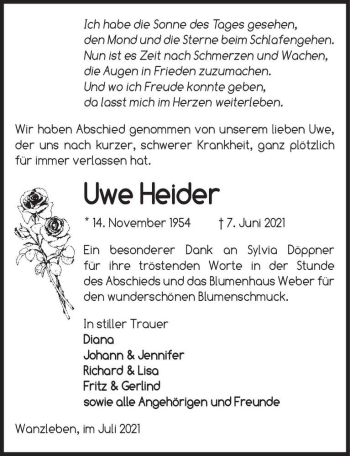 Traueranzeige von Uwe Heider  von Magdeburger Volksstimme