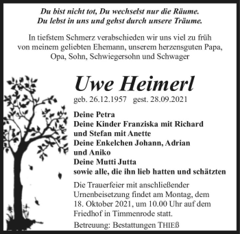 Traueranzeige von Uwe Heimerl  von Magdeburger Volksstimme