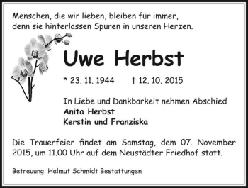 Traueranzeige von Uwe Herbst  von Magdeburger Volksstimme