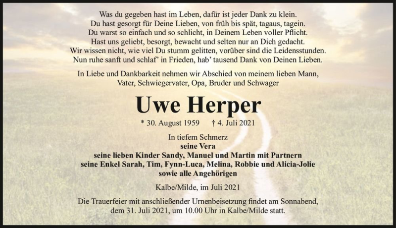  Traueranzeige für Uwe Herper  vom 15.07.2021 aus Magdeburger Volksstimme