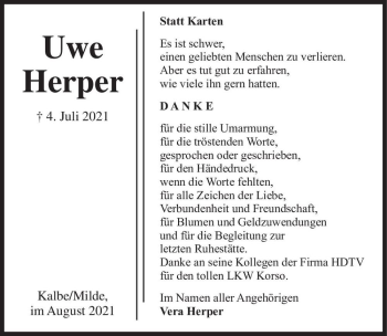 Traueranzeige von Uwe Herper  von Magdeburger Volksstimme