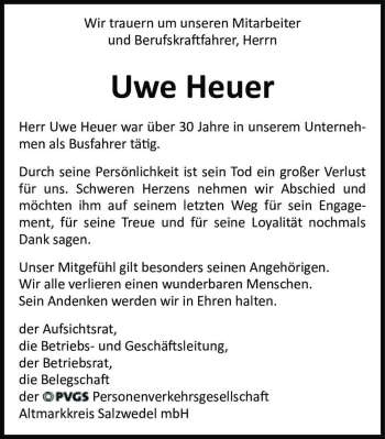 Traueranzeige von Uwe Heuer  von Magdeburger Volksstimme
