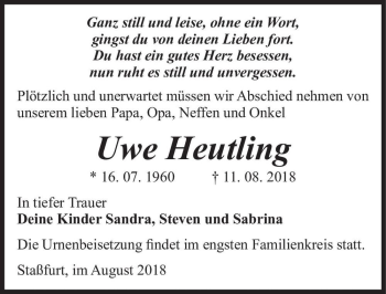 Traueranzeige von Uwe Heutling  von Magdeburger Volksstimme