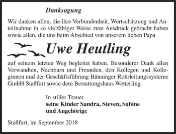 Traueranzeige von Uwe Heutling  von Magdeburger Volksstimme