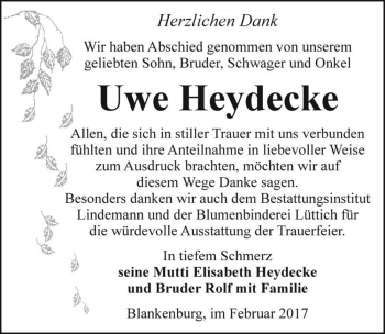 Traueranzeige von Uwe Heydecke  von Magdeburger Volksstimme