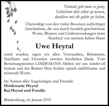 Traueranzeige von Uwe Heyral  von Magdeburger Volksstimme