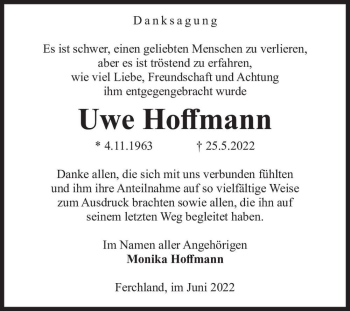 Traueranzeige von Uwe Hoffmann  von Magdeburger Volksstimme