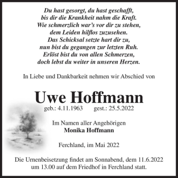 Traueranzeige von Uwe Hoffmann  von Magdeburger Volksstimme