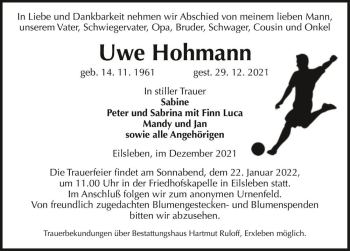 Traueranzeige von Uwe Hohmann  von Magdeburger Volksstimme