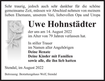 Traueranzeige von Uwe Hohnstädter  von Magdeburger Volksstimme