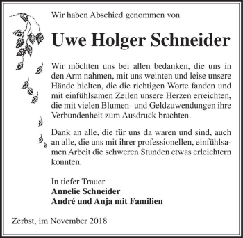 Traueranzeige von Uwe Holger Schneider  von Magdeburger Volksstimme