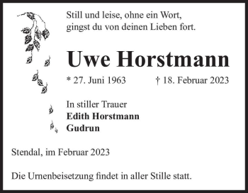 Traueranzeige von Uwe Horstmann  von Magdeburger Volksstimme