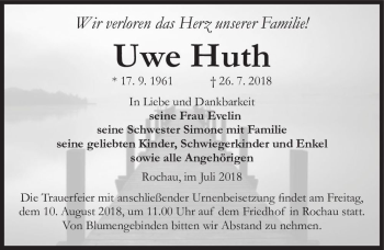 Traueranzeige von Uwe Huth  von Magdeburger Volksstimme