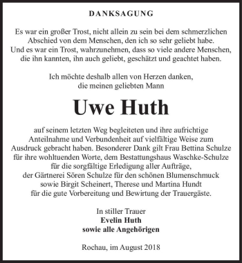 Traueranzeige von Uwe Huth  von Magdeburger Volksstimme