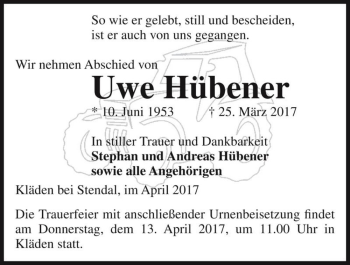Traueranzeige von Uwe Hübener  von Magdeburger Volksstimme