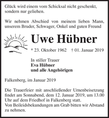 Traueranzeige von Uwe Hübner  von Magdeburger Volksstimme
