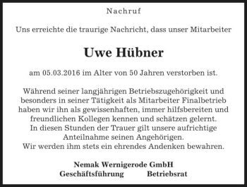 Traueranzeige von Uwe Hübner  von Magdeburger Volksstimme