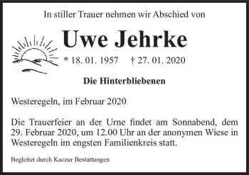 Traueranzeige von Uwe Jehrke  von Magdeburger Volksstimme