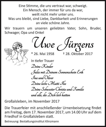 Traueranzeige von Uwe Jürgens  von Magdeburger Volksstimme