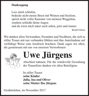 Traueranzeige von Uwe Jürgens  von Magdeburger Volksstimme