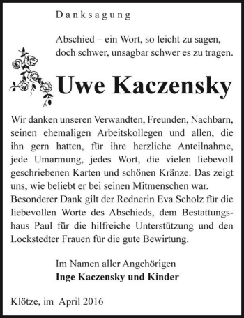 Traueranzeige von Uwe Kaczensky  von Magdeburger Volksstimme