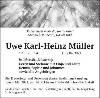 Traueranzeige von Uwe Karl-Heinz Müller  von Magdeburger Volksstimme