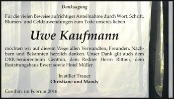 Traueranzeige von Uwe Kaufmann  von Magdeburger Volksstimme