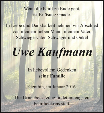 Traueranzeige von Uwe Kaufmann  von Magdeburger Volksstimme