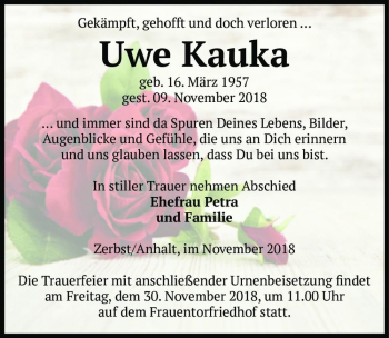 Traueranzeige von Uwe Kauka  von Magdeburger Volksstimme