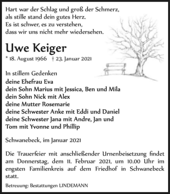 Traueranzeige von Uwe Keiger  von Magdeburger Volksstimme